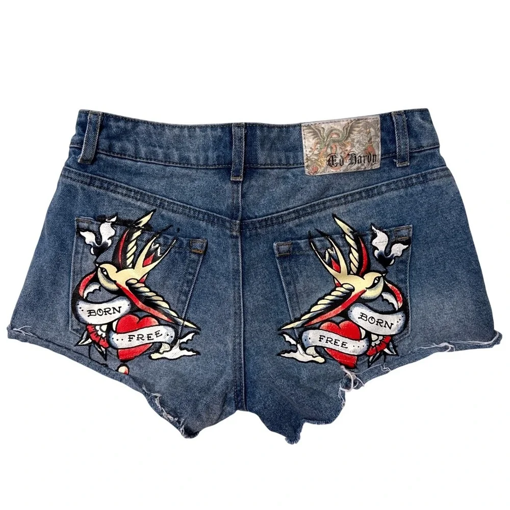 Ed Hardy Swallow Born Free‎ denim shorts light wash archival graphics - 24